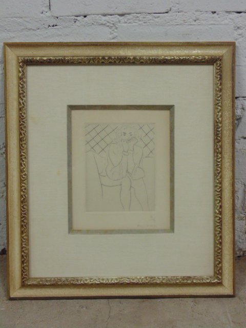 Etching, 25/25, seated figure, Henri Matisse: Etching, 25/25, seated figure, Henri Matisse, 8" by 6.5", in good condition. Note, all property herein offered for sale is strictly "as is", and it is the bidder's responsibility, whether bidding in p