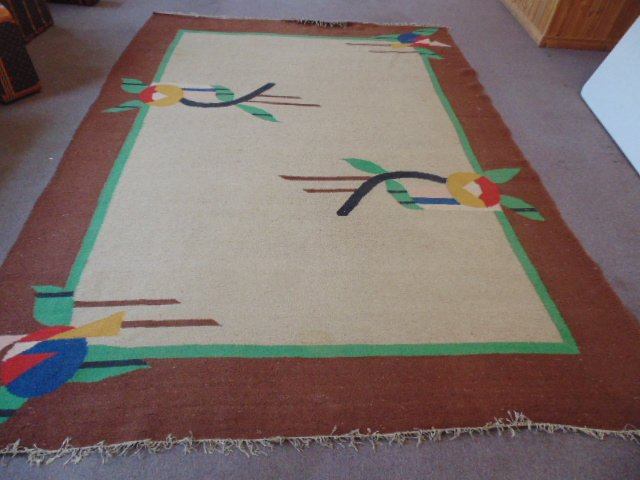 Drugget, British India rug, floral decorated: Drugget, British India rug, floral decorated, 9' by 12', in good condition, no damage or stains. Note, all property herein offered for sale is strictly "as is", and it is the bidder's responsibility,