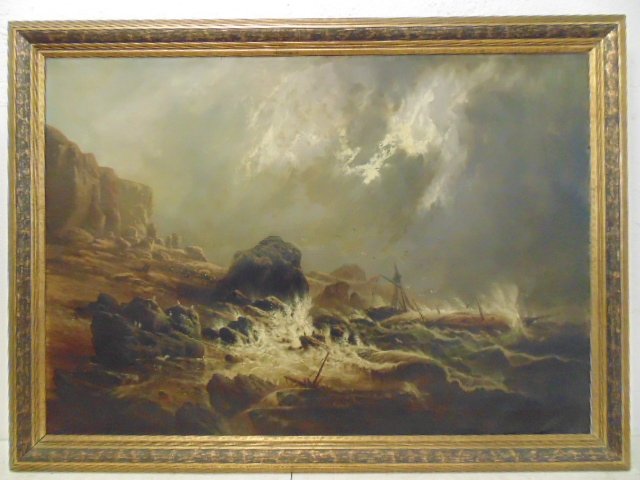 Oil, "Marooned", by Ebenezer Goodes: Oil on canvas depicting beached shipwreck and figures on beach, in storm setting, signed lower right E. Goodes, label on back gives titel & first name, old patch repair on back, 33" by 47". Note, all 