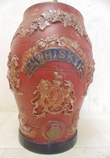 English stoneware whiskey barrel, 18th Century,: English stoneware whiskey barrel, 18th Century, converted to lamp, paint worn, minor chips nice old patina, painted over glaze. 15" tall not including lamp fittings. Note, all property herein offered 
