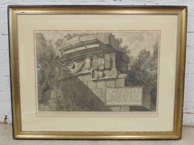 Piranesi Italian etching: Piranesi etching, center shows fold line, otherwise in good condition. Not glued down, viewable area is 17.5" by 25". Note, all property herein offered for sale is strictly "as is", and it is the bidd