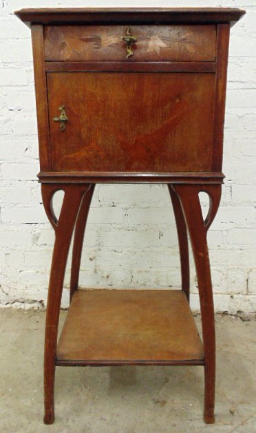 Art nouveau marble lined humidor: Art nouveau humidor, top veneer distressed, used condition, 33" tall. Original lining. Note, all property herein offered for sale is strictly "as is", and it is the bidder's responsibility, whether bi