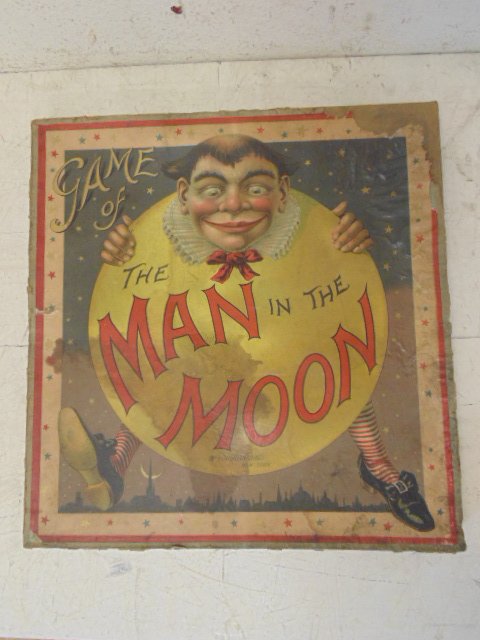 McLoughlin Bros. game, "Man of the Moon": McLoughlin Bros. game, "Man of the Moon", fair condition, with game pieces. Note, all property herein offered for sale is strictly "as is", and it is the bidder's responsibility, whether bidding in pe