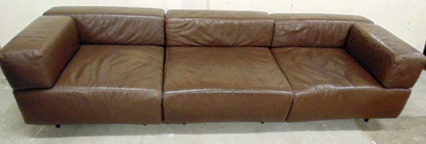 3 piece sectional leather sofa by Harvey Probber: 3 piece sectional leather sofa by Harvey Probber, in used but good condition, label on bottom, steel legs. Note, all property herein offered for sale is strictly "as is", and it is the bidder's respon