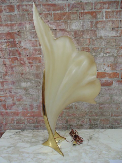 1970's bronze & plastic table lamp by Rougier: 1970's bronze & plastic table lamp by Rougier, 38.25" tall. In good orininal condition. Note, all property herein offered for sale is strictly "as is", and it is the bidder's responsibility, whether b