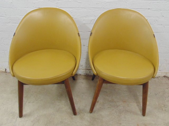 Pair John Stuart chairs, New York Hilton label,: Pair John Stuart chairs, New York Hilton label, original condition, leather (vinyl?) good. Note, all property herein offered for sale is strictly "as is", and it is the bidder's responsibility, whethe