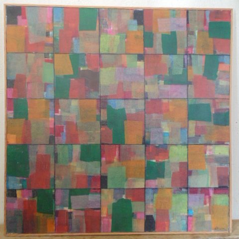 Acrylic, cubsit abstract, "Torn papers", sign. ill.: Acrylic, cubist abstract, "Torn papers", sign. ill., 49.5" by 49.5", in good condition. Note, all property herein offered for sale is strictly "as is", and it is the bidder's responsibility, whether b