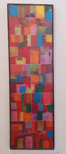 Acrylic canvas, cubist abstract, signed ill.: Acrylic canvas, cubist abstract, signed ill. , 50" by 14.75". in good condition. Note, all property herein offered for sale is strictly "as is", and it is the bidder's responsibility, whether bidding 