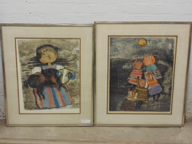 Pair lithographs, Graciela Rodo Boulanger: Pair lithographs, Graciela Rodo Boulanger, girl holding sheep, 21" by 17" & children with ball, 22.5" by 18.5", both artist proof, signed in pencil lower left. Girl holding sheep print is loose in fra