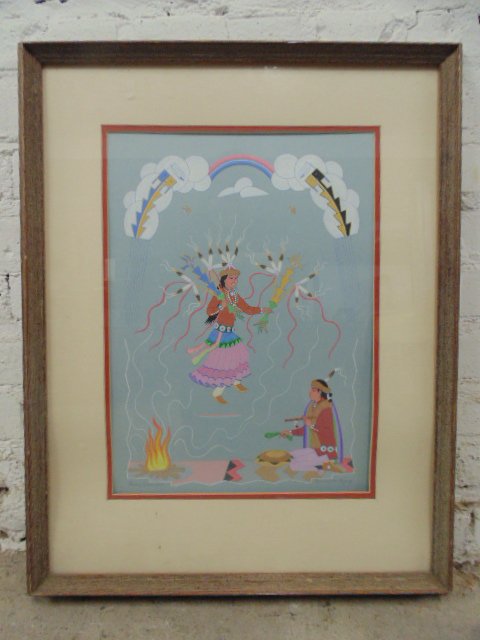 Gouache, "Haskay Yahne Yah", signed Harrison Begay: Gouache, "Haskay Yahne Yah", signed Harrison Begay, 16.25" by 11.75". Note, all property herein offered for sale is strictly "as is", and it is the bidder's responsibility, whether bidding in person, 