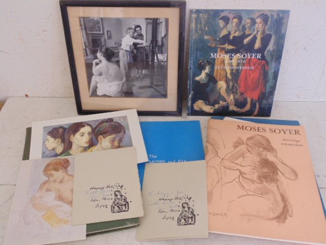 Lot books, prints, by Moses Soyer, Joseph Solman.: Lot books, prints, postcards by Moses Soyer, includes signed book by Joseph Solman. Note, all property herein offered for sale is strictly "as is", and it is the bidder's responsibility, whether biddi