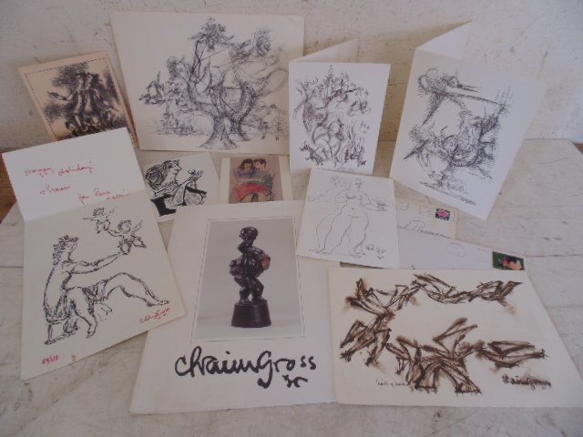 Lot signed postcards, prints, signed by Chaim Gross,: Lot signed postcards, prints and misc. material, signed by Chaim gross, Gropper. Note, all property herein offered for sale is strictly "as is", and it is the bidder's responsibility, whether bidding 