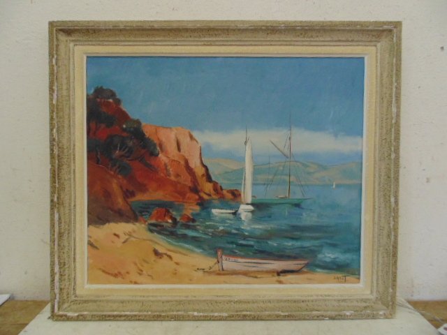 Oil painting, sailboat on beach, signed Marcel Sahut: Oil painting, sailboat on beach, signed Marcel Sahut, 21.25" by 25.5"