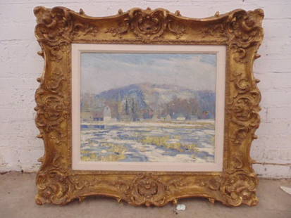 O/C, winter scene, houses, signed Morgan Colt: O/C, winter scene, houses, signed Morgan Colt, in original condition, canvas has a small hole lower right. 19" by 24".Note, on the stretcher the word "Brookin" (?) is written in pencil.