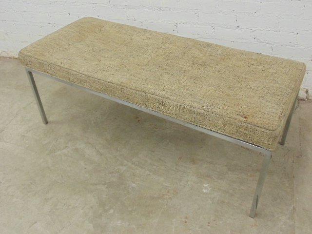 Chrome base, upholstered top bench, by Trans Mobile: Chrome base, upholstered top bench, by Trans Mobile, uph. worn, small burn hole, top is 47.5" by 20", height is 18"