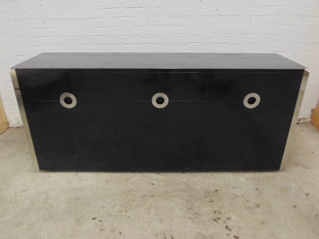 Willy Rizzo for Pierre Cardin credenza, black with: Willy Rizzo for Pierre Cardin credenza, black with chrome corners, 69.5" long, 18.5" deep and 30" tall, in good condition