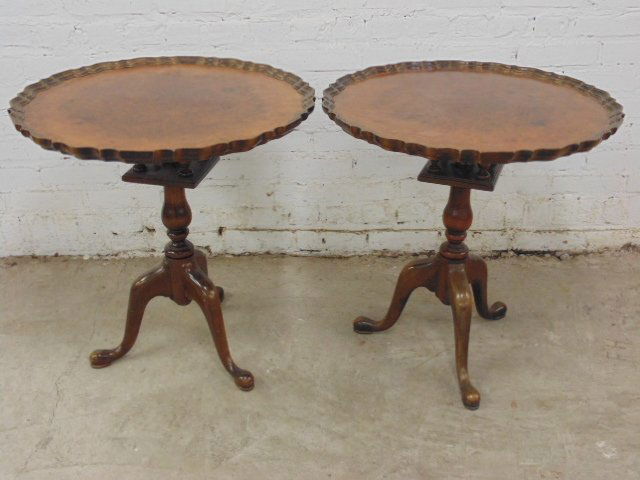 Pair pie crust dish top side tables: Pair pie crust dish top side tables, 23.75" diameter, height is 25.25", some wear, used condition