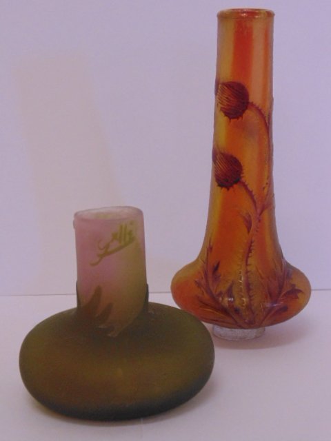Small 5" Daum vase & Galle: Small 5" Daum vase with thistle decoration & small 2.5" Galle vase, Galle cut down, There is an odd lip on the bottom of the Daum, I assume it used to sit in base, possibly bronze, this vase is not si