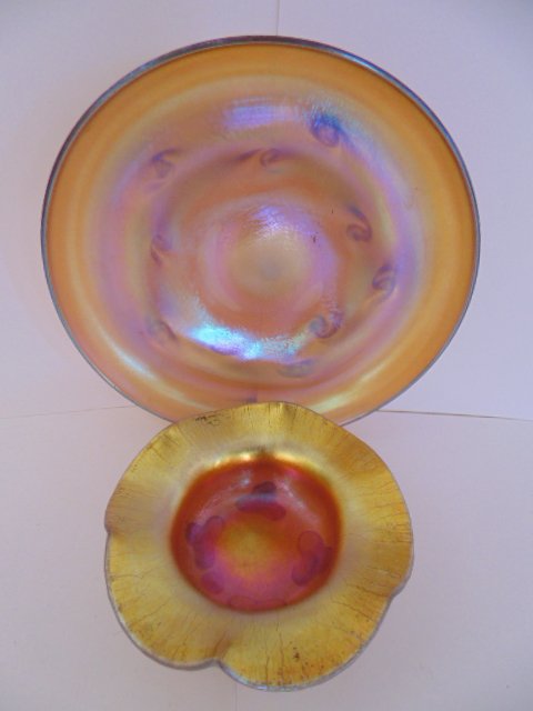 Steuben Aurene salt, small chips on feet plus Tiffany: Steuben Aurene salt, small chips on feet plus Tiffany art glass dish, 5.75", dish good condition