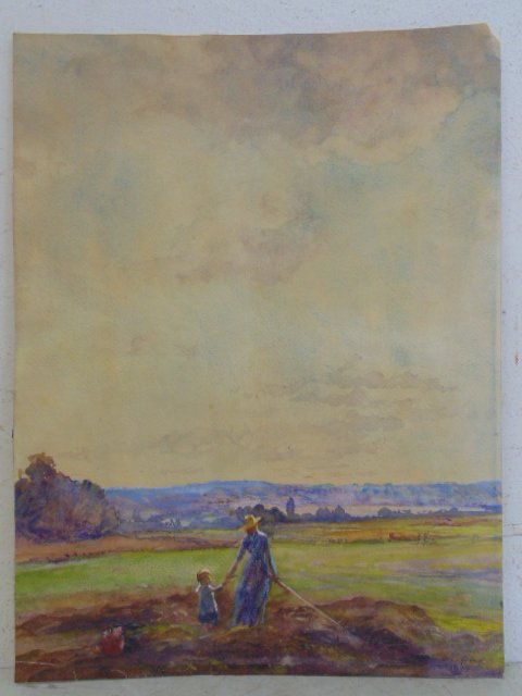 Watercolor, woman & child in field, signed Owen Staples: Watercolor, woman & child in field, signed Owen Staples, 19.25" by 14.5", fold mark lower left, small piece missing top right.