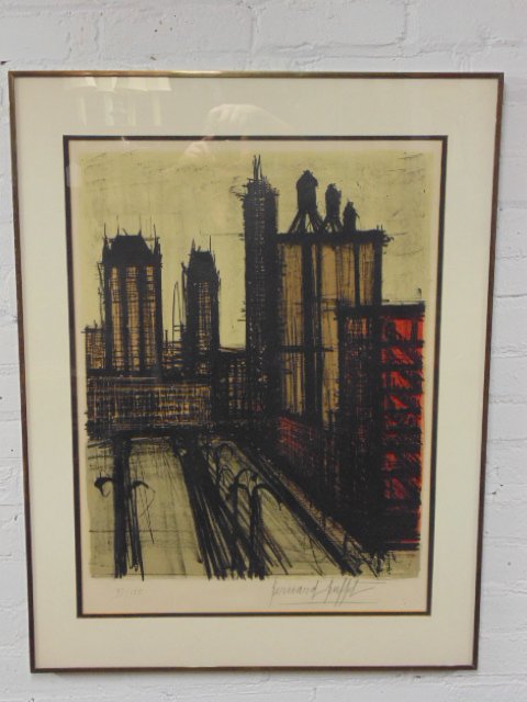 Lithograph, 97/150, "New York V", signed Bernard Buffet: Lithograph, 97/150, "New York V", signed Bernard Buffet, 27" by 19.75", in original framed condition. Participation in this Auction held at Hudson Valley Auctioneers, whether in person, by phone, via
