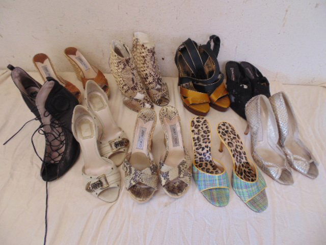 Lot 9 pair designer shoes, Choo, Dior, Gabbana etc.: Lot 9 pair designer shoes including: 2 pairs by Jimmy Choo (39); pair of Christian Dior (38); pair Dolce Gabbana heels (39); pair snake skin heels by Carmenho (38); pair snake skin boots by Sigerson M