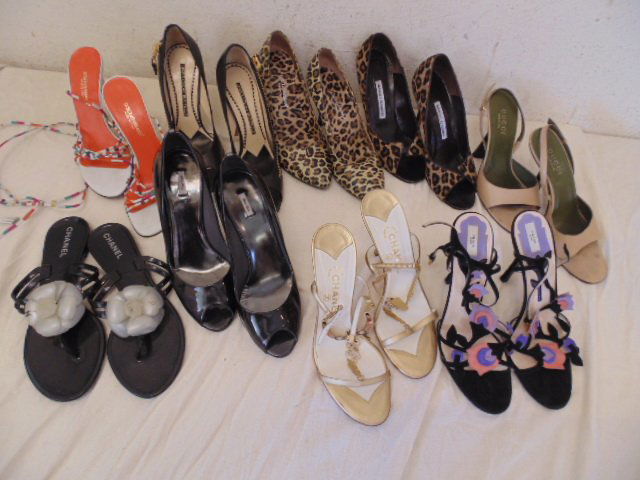 Lot 9 designer shoes, Gabbana heels, Miu, Choo, Gucci: Lot 9 designer shoes including: pair Dolce & Gabbana heels (38.5); pair Chanel flip flop sandals; pair patent leather heels, Miu Miu (39); pair leather heels with zipper by Jimmy Choo (39.5); pair leo