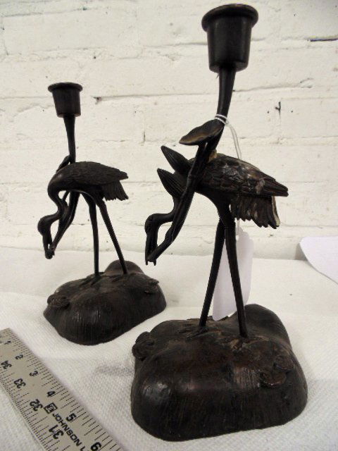 Pair Asian bronze candleholders, storks (1 of 5)