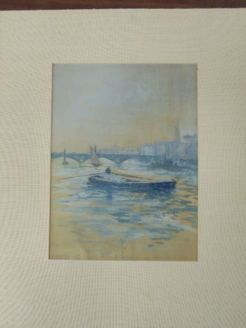 Watercolor, boats on river, by Bruce Crane: Watercolor, boats on river, by Bruce Crane, 12" by 9"