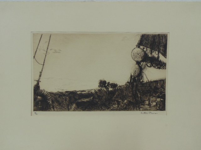 Etching, "Hauling the net aboard", sgd. Arthur Briscoe (1 of 5)