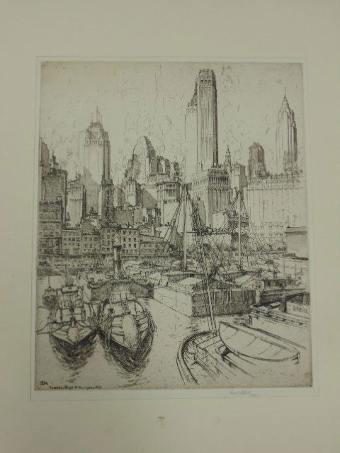 Etching, "Towers, Tugs, Manhattan NY, 1935", by Ernest (1 of 5)