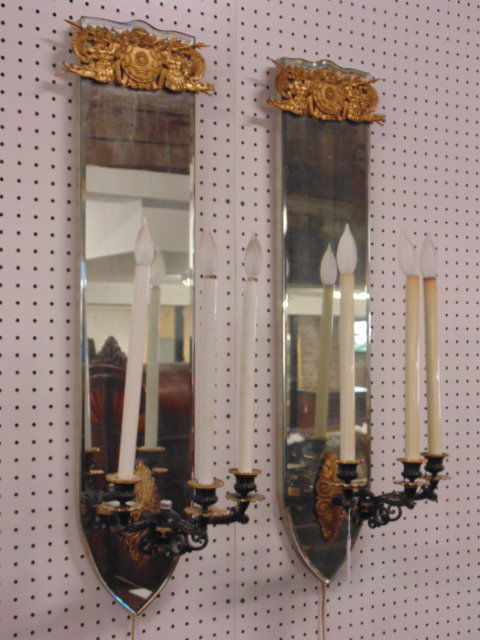 Pair mirrored back, shield shaped wall sconces with (1 of 6)