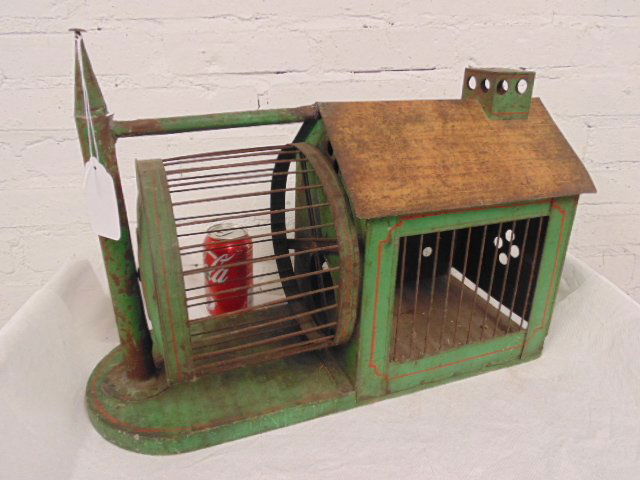 Tin paint decorated squirrel cage with running wheel (1 of 4)