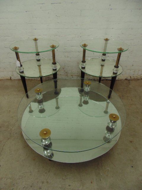 3 piece set mirrored two tier mid Century glass tables (1 of 6)
