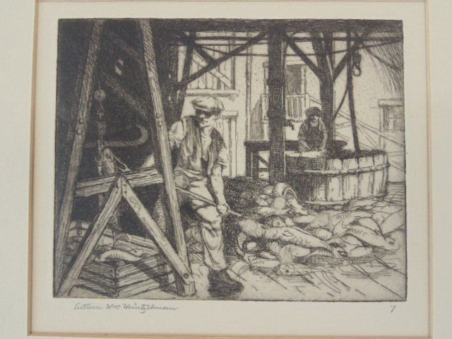 Etching, "Weighing Fish", Arthur Wm. Heintzelman (1 of 4)