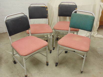 Set 4 chairs, Warren McArthur: Set 4 chairs by Warren MacArthur, aluminum tube construction, in as found condition, some repairs, (corner brace), scratches and some small dents visible.