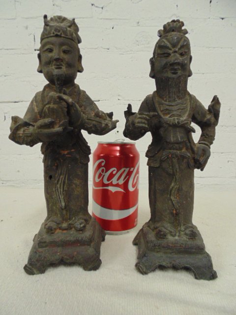 Pair early bronze Chinese figures: Pair early bronze Chinese figures, 10.75" tall, old patina, one figure missing a spear