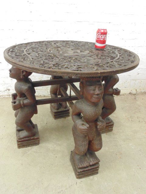 Carved figural folding base Asian side table (1 of 7)