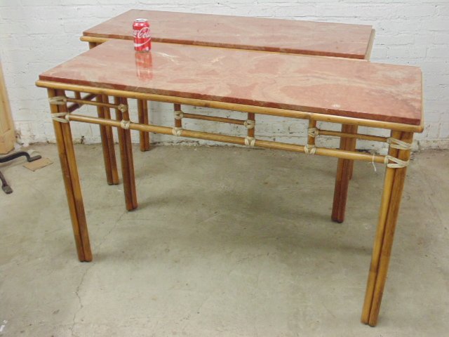 Pair bamboo, marble top console tables by McGuire: Pair bamboo base red marble top console tables by McGuire, San Francisco, top is 51" by 21", height is 32.5"