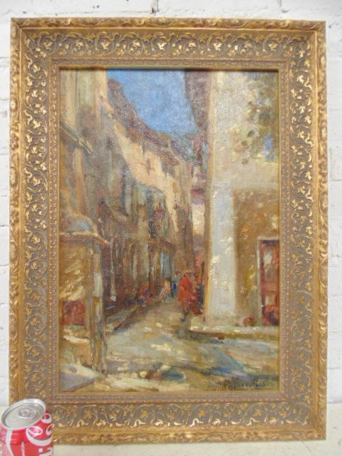 Oil on canvas, street scene, Marie-Anne de Nivoulies: Oil on canvas, European street scene, signed,M. Nivoulies (Marie-Anne de Nivoulies Pierrefort) Frame is 27" X 20.25"; sight 21" X 14.25"; old repairs to back of canvas; see photos for condition.