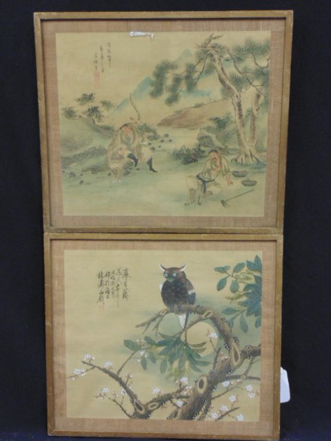 Pair Chinese watercolors on silk, one with owl, signed (1 of 8)
