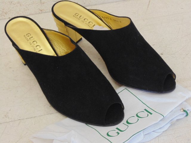 Pair Gucci black suede open toe shoes, gilt heel (1 of 5)