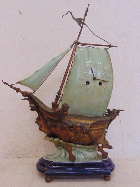 Bronze (?) & porcelain ships mantle clock (1 of 6)