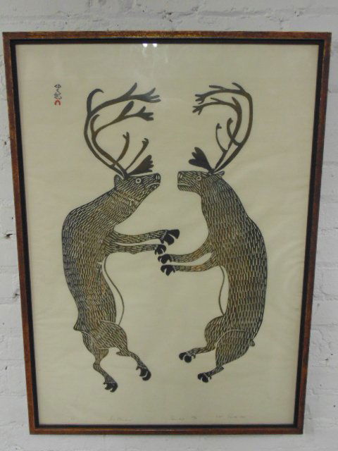 Stone cut etching, "Two Caribou" 21/50, signed Pudlo (1 of 5)