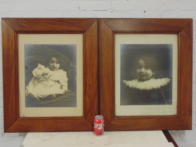 Pair early child's photographs, in fine wood frames: Pair early child's photographs, in fine wood frames, bottom of matting shows water damage, took one out of frame, photo is ok, total size, incl. frame is 29.75" by 24.25", picture size (viewable) is 1