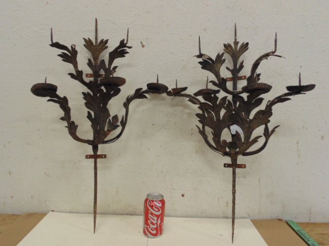 Pair early iron wall sconces, 28" tall (1 of 4)