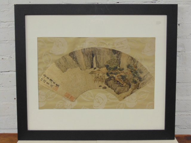 Framed hand painted Asian fan, (1 of 7)