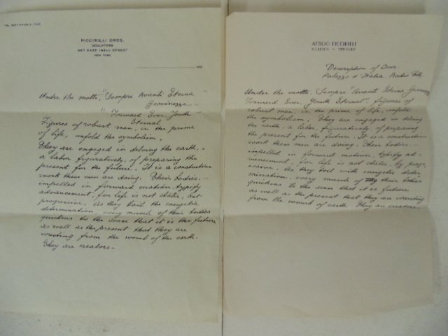 Description of the door "Palazzo d' Italia, Radio City,: Original letter pertaining to the description of the door "Palazzo d' Italia, Radio City, with the motto :Sempre Avanti Eterna Giovinese, (Forward Ever, Youth Eternal), Please refer to images for gene