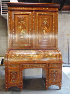 Italian inlaid bookcase secretary desk from the: An exceptional Italian inlaid bookcase secretary cylinder desk with brass and fine wood inlays from the Piffetti family workshop, rosewood frame, 61" wide, 25" deep, height is 97", brass line inlay is