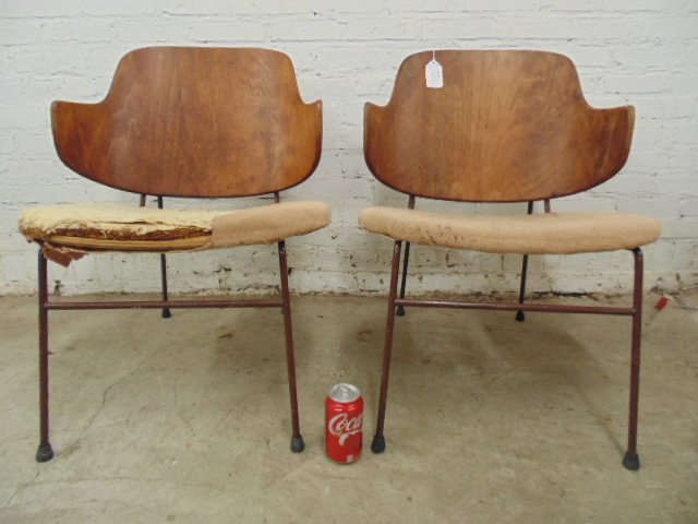 Pair mid Century steel & wood chairs by Kofed-Larson: Pair mid Century steel & wood chairs by Kofed-Larson, some damage to veneer, as found condition